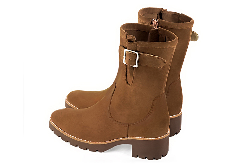 Dress ankle boots sides buckles in caramel brown leather with thick rubber soles and round toe - Rear view